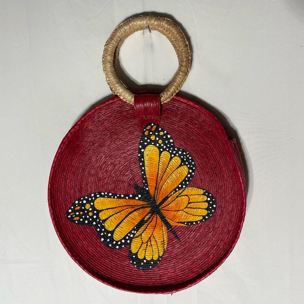Vintage Red Woven Painted Butterfly Hand Bag Coastal Festival Whimsigoth